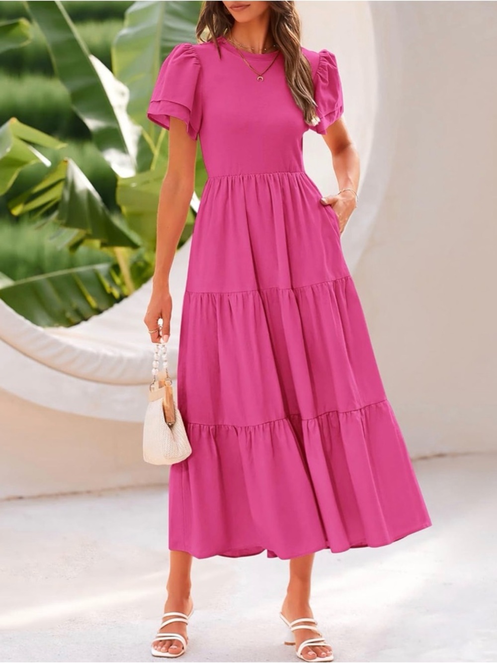Ruffle-Sleeve Hot Pink Maxi Dress by Rhythm